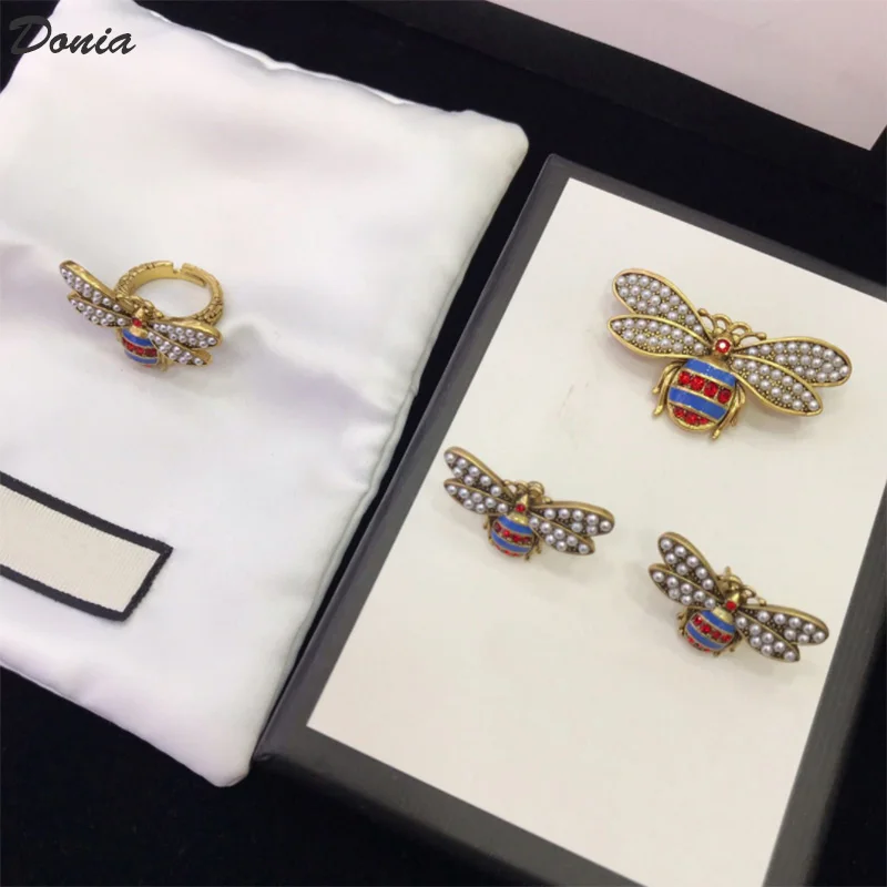 Donia Jewelry Fashion Enamel Titanium Steel Micro-Inlaid AAA Zircon Bee Earrings Luxury Pearl Accessories