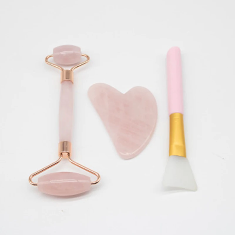 Rouleau de massage Facial en Quartz Rose, brosse pour masque Gua Sha, 3 pièces/ensemble