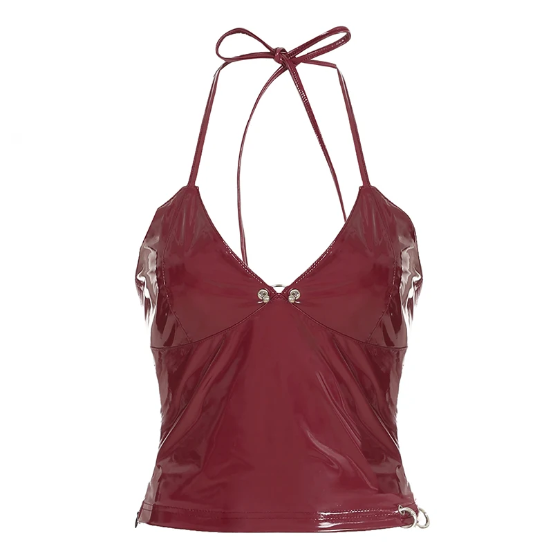 Faux Leather Red Halter Vest Club Outfits Women V-neck Metal Buckle Sexy Camis Top Backless Stylish Tanks High Street