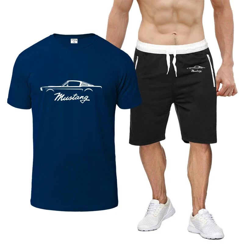 2023 Mustang Car Logo Harajuku Summer Men Print New Eight-Color Summer Short-Sleeved Comfortable Casual T-shirt Solid Color Suit