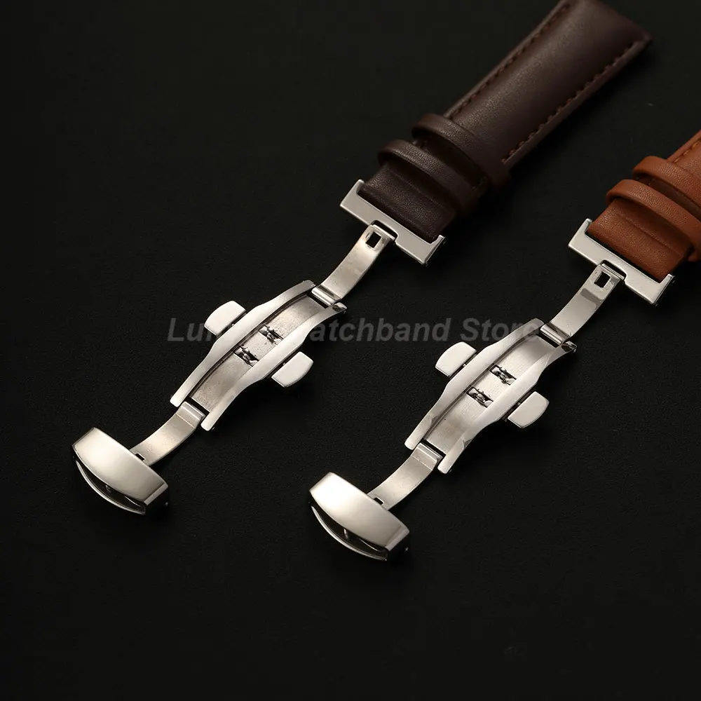 Classic Black and Brown Leather Watch Band with Butterfly Clasp Buckle – Elegant Replacement Strap