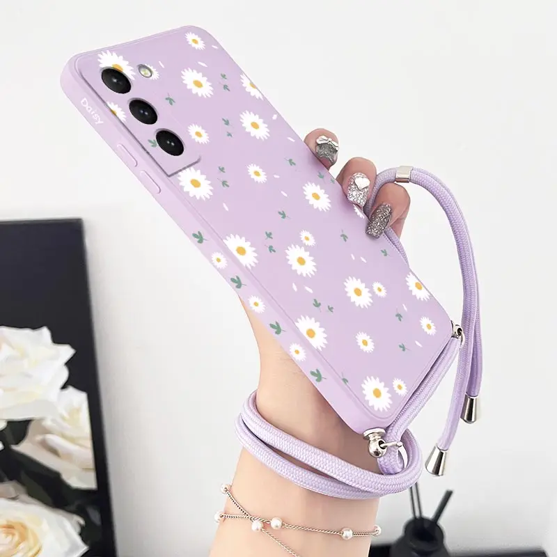 Deciduous Daisies Crossbody Lanyard Silicone Phone Case For Samsung Galaxy S23 S22 S21 S10 S8 Plus Note 20 ultra 10 Plus Cover — view 2