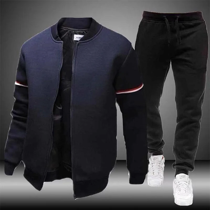 Men Casual Plaid Cardigan Set Baseball Suit Zipper Standing Collar Monochrome Jacket Spring Autumn Fashion Fitness