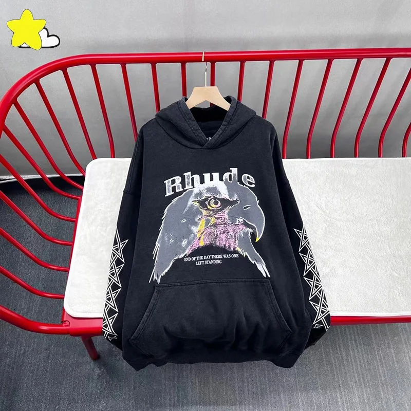 

2023 New Hip Hop Sleeve Star Print Eagle Rhude Sweatshirts Pullover Men Women Cotton Oversized Washed Black Vintage Rhude Hoodie