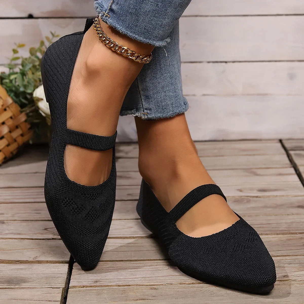 Flats Schoenen Nieuwe Vrouwen Puntige Teen Effen Kleur Gebreide Slip On Schoenen Casual Adem Ballet Flats Vrouwen Platte Schoenen Loafers Vrouwen