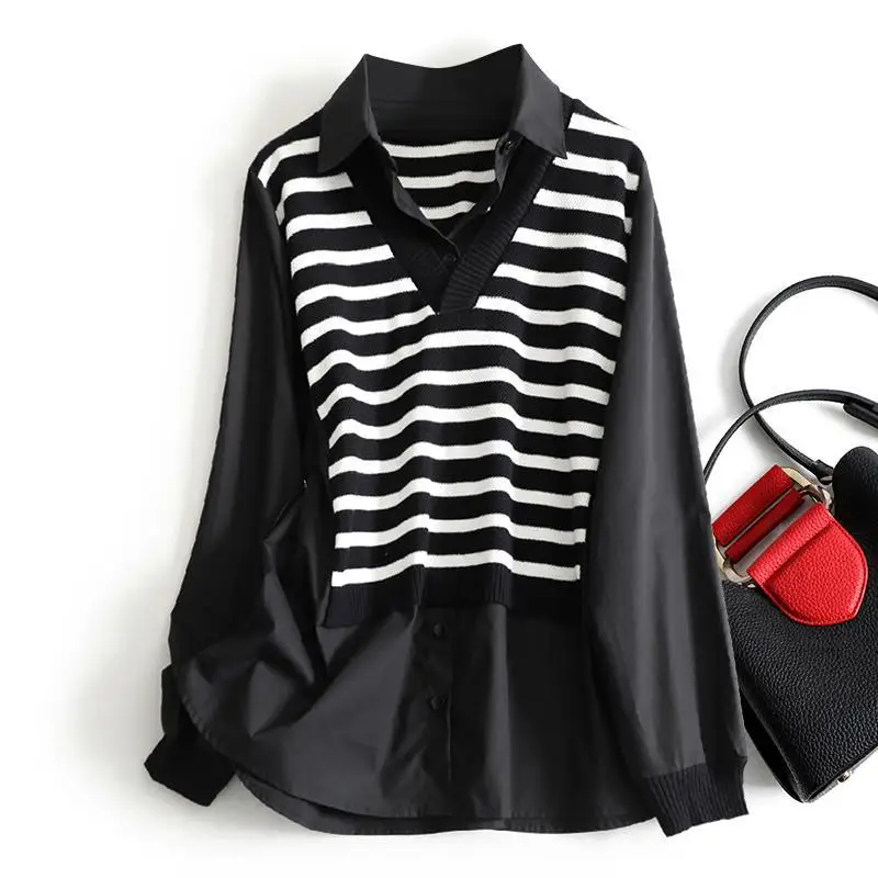 Spring Autumn New Solid Color Fake Two Pieces Shirt Women High Street Casual Long Sleeve Button Knitting Patchwork Pullovers
