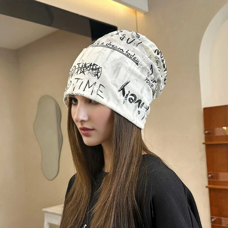 Trendy Letter Print Baggy Slouchy Beanies Knitted Hat For Women Men Hip Hop Vintage Stacked Caps Unisex Headwear