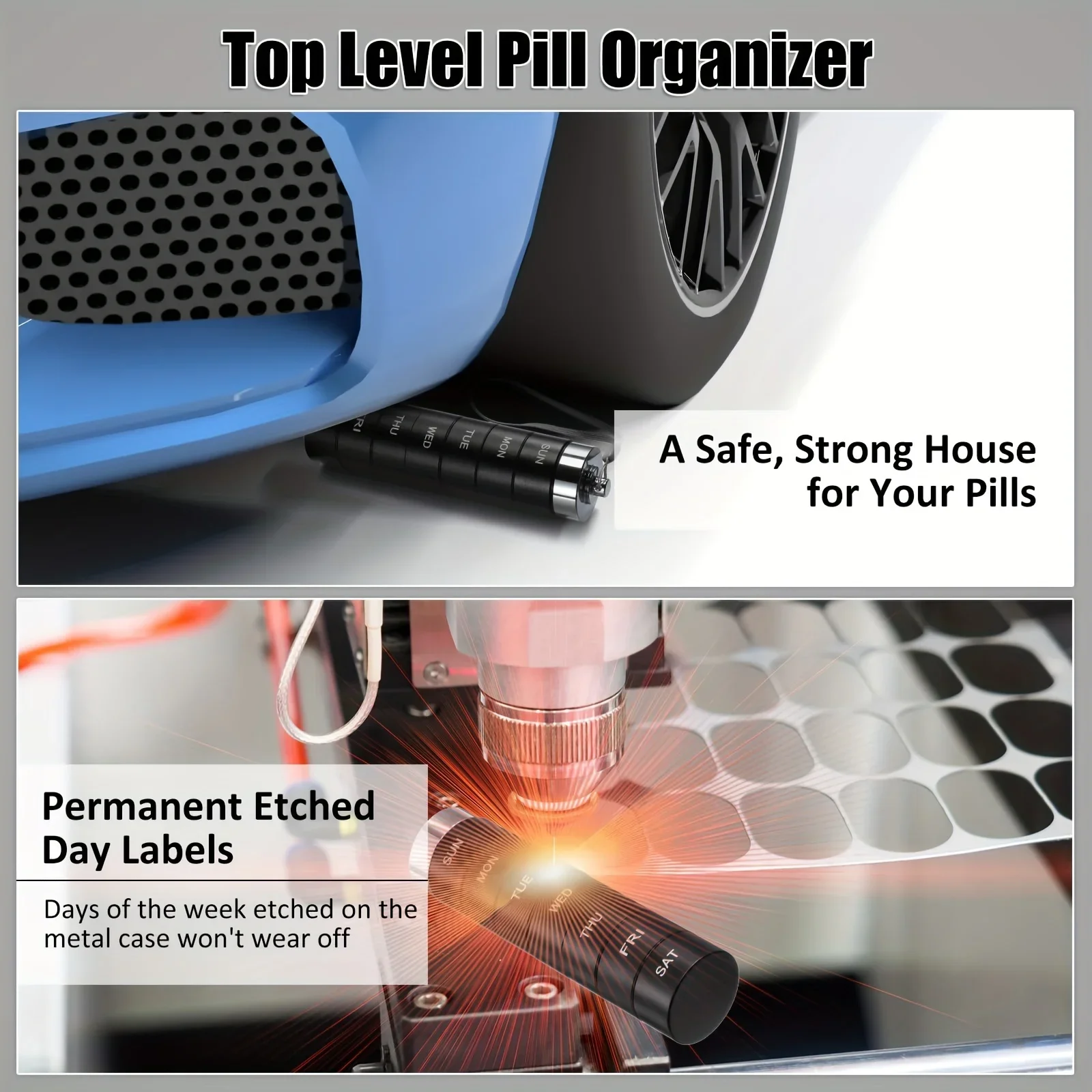 Metal Pill Organizer Weekly Waterproof Travel Pill Box Portable Travel Bottle 7 Day Pill Case to Hold Vitamins Supplements