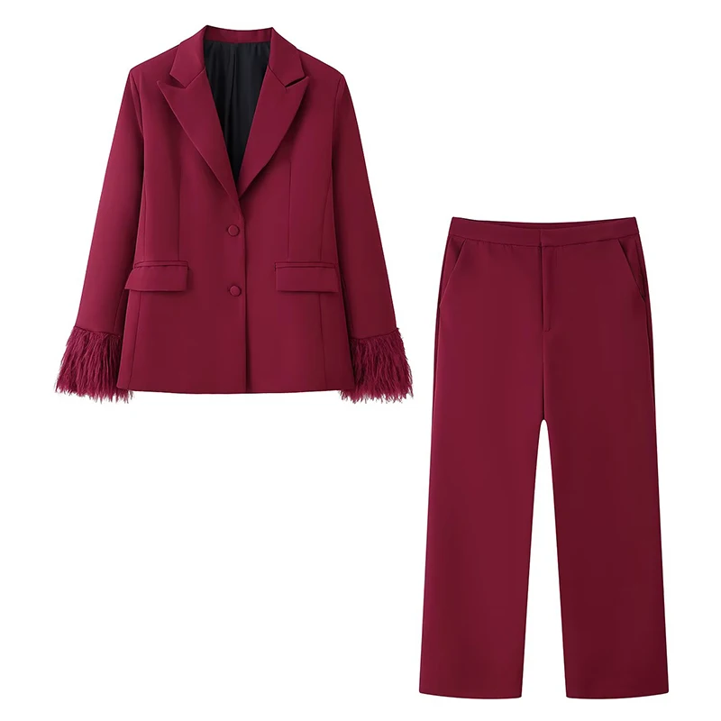 Women's Suit Pants Two-Piece Set Elegant Feather Long Sleeve Blazer Coat + Wide-Leg Pants 2 Pieces Sets Chic Woman Outfits