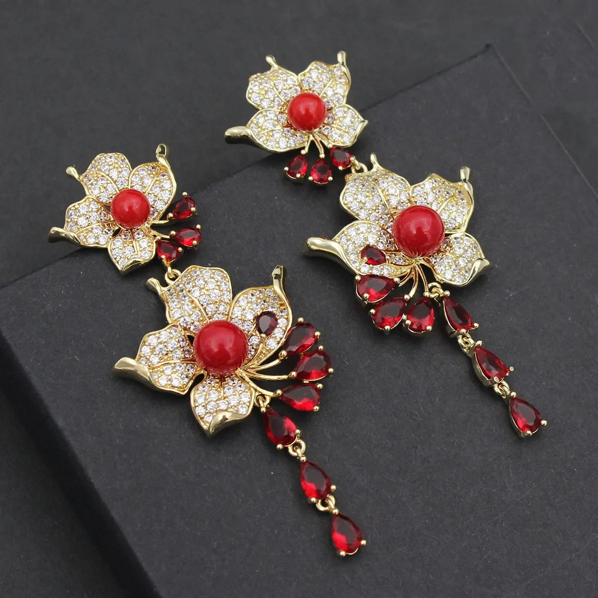 

Luxury Flower Dangle Earrings for Women Purple Red Pink Zirconia Long Tassel Earrings Evening Wedding Party Jewelry Gift Female