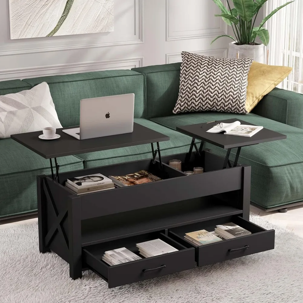 

Coffee Table, 47.2" Lift Top Coffee Table with 2 Storage Drawers and Hidden Compartment, X Wood Farmhouse Support, Retro Center