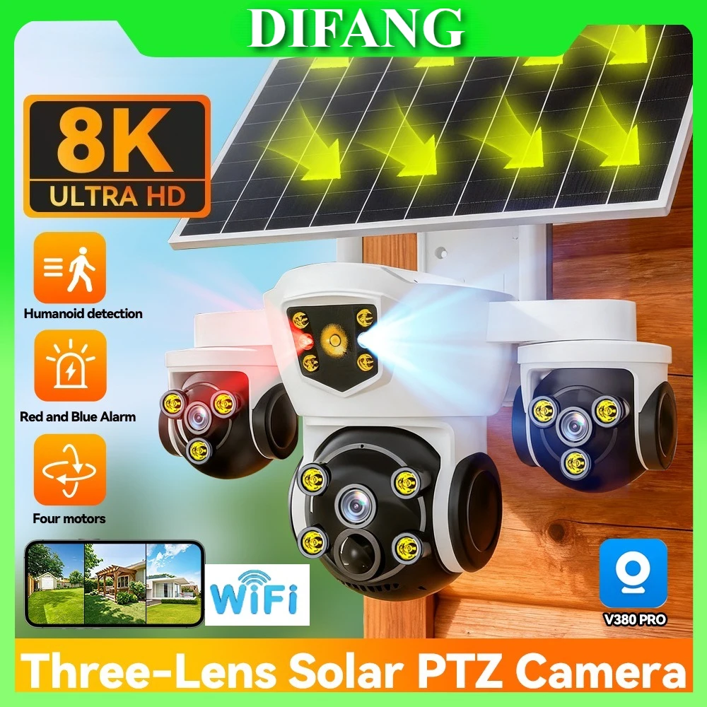 태양광 와이파이 카메라 스마트 15MP 10배줌 트리플 스크린 4G 무선 야외 태양광 보안 IP 카메라 적색 청색 LED 플래시 알람 V380 Pro