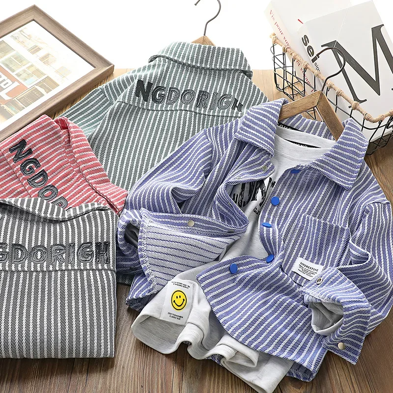Stylish Children's Striped Shirt New Spring/Autumn Trendy Jacket Lapel Long Sleeve Streetwear For Boys Aged 10-16