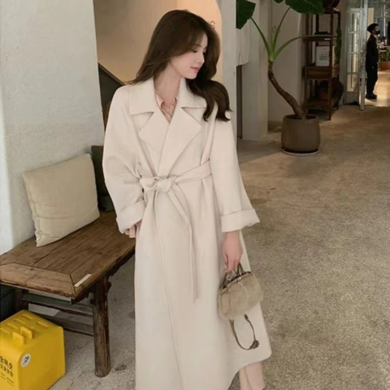 2023 New Women High-End Double-Faced Woolen Coat Autumn Winter Temperament Long Over-the-Knee Korean Hepburn Woolen Outwear