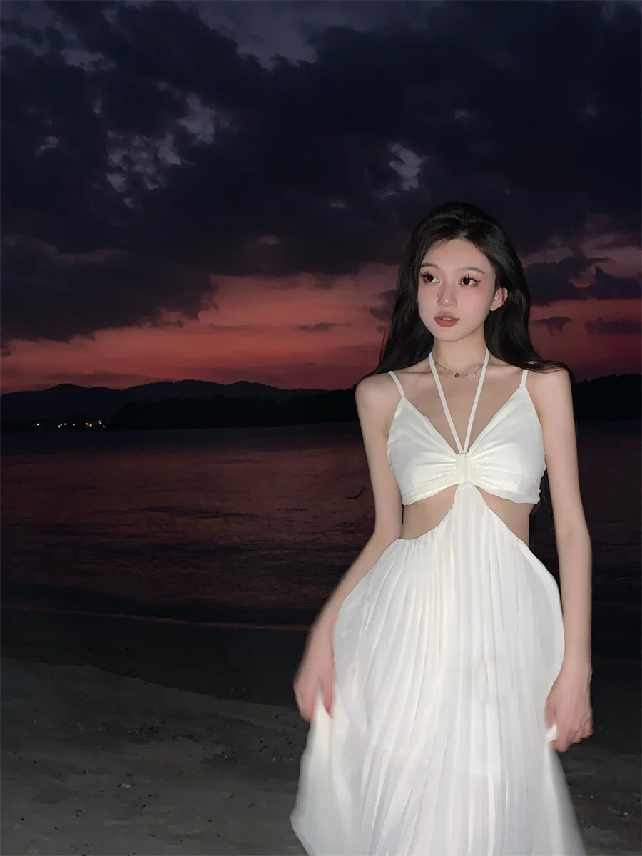 Summer New Fashion Sexy Pleated Holiday Beach Long Dresses for Women Vacation Spaghetti Strap A line Ladies Robe 2025 Sundress