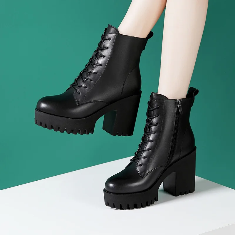 

8cm 10cm Small Size 32-43 British Genuine Leather Shoes Women's Motorcycle Boots 2023 Fall Winter Block High Heels Ankle Boots