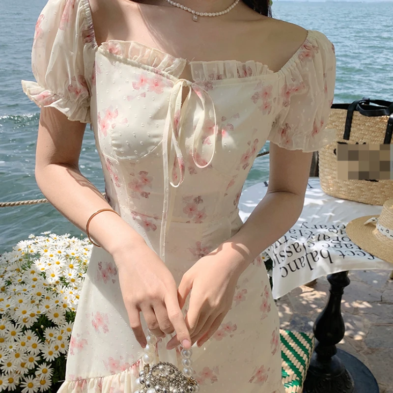 

Women's Chiffon Floral One Shoulder Suspender Dress Summer Ruffle Strapless Mini Dress Female Robe Kwaii Vestidos