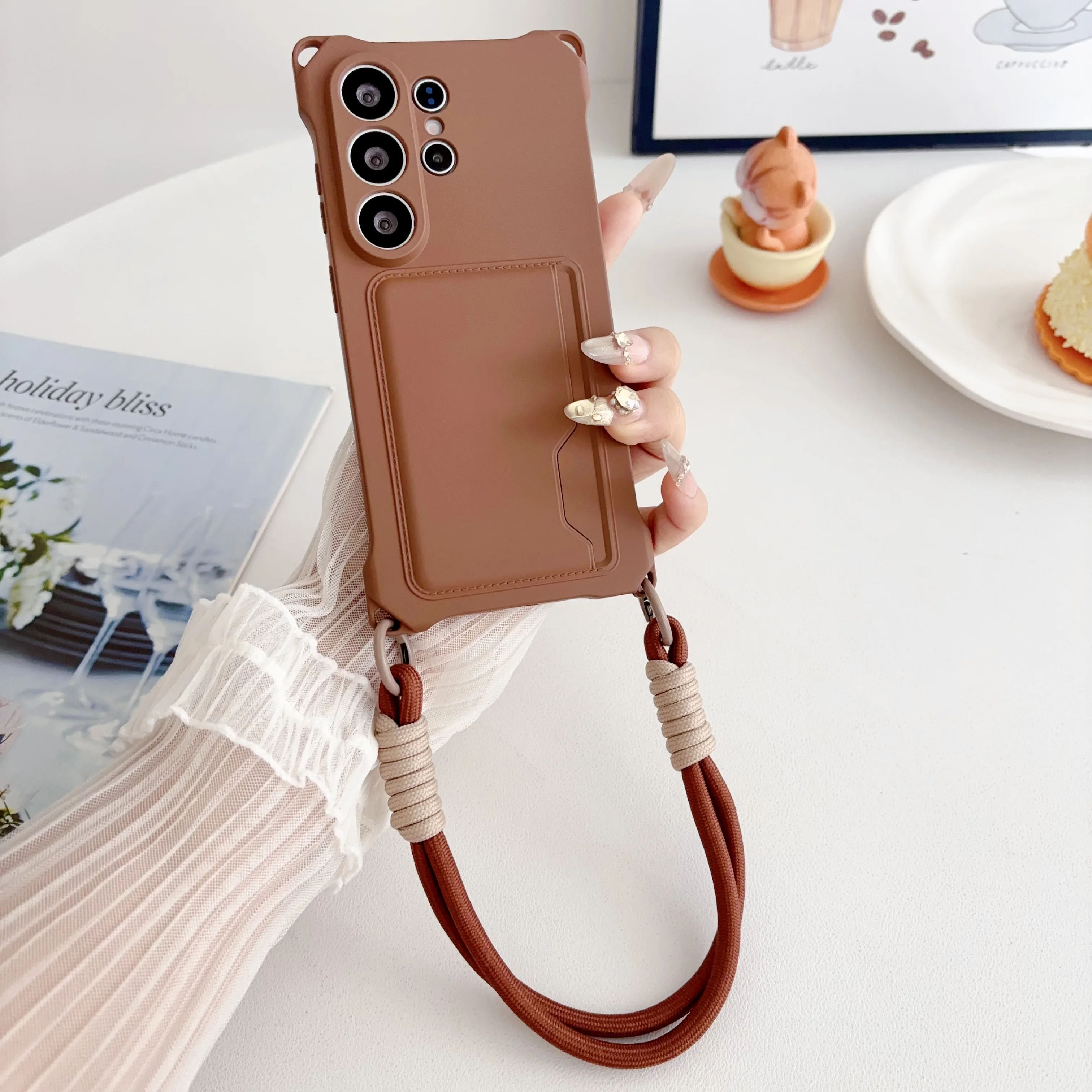 Silicone Rope Strap Phone Case with Wallet Card Holder and Bag Cover