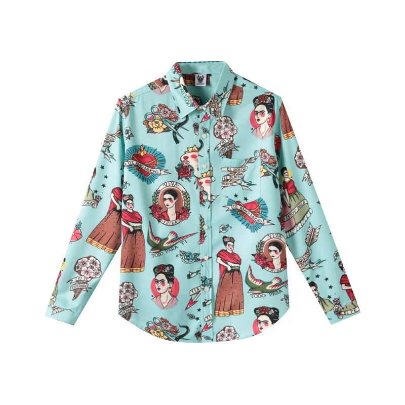 

European and American men's wear summer 2022 new Long sleeve lapel single breasted blue cartoon print Fashion shirt