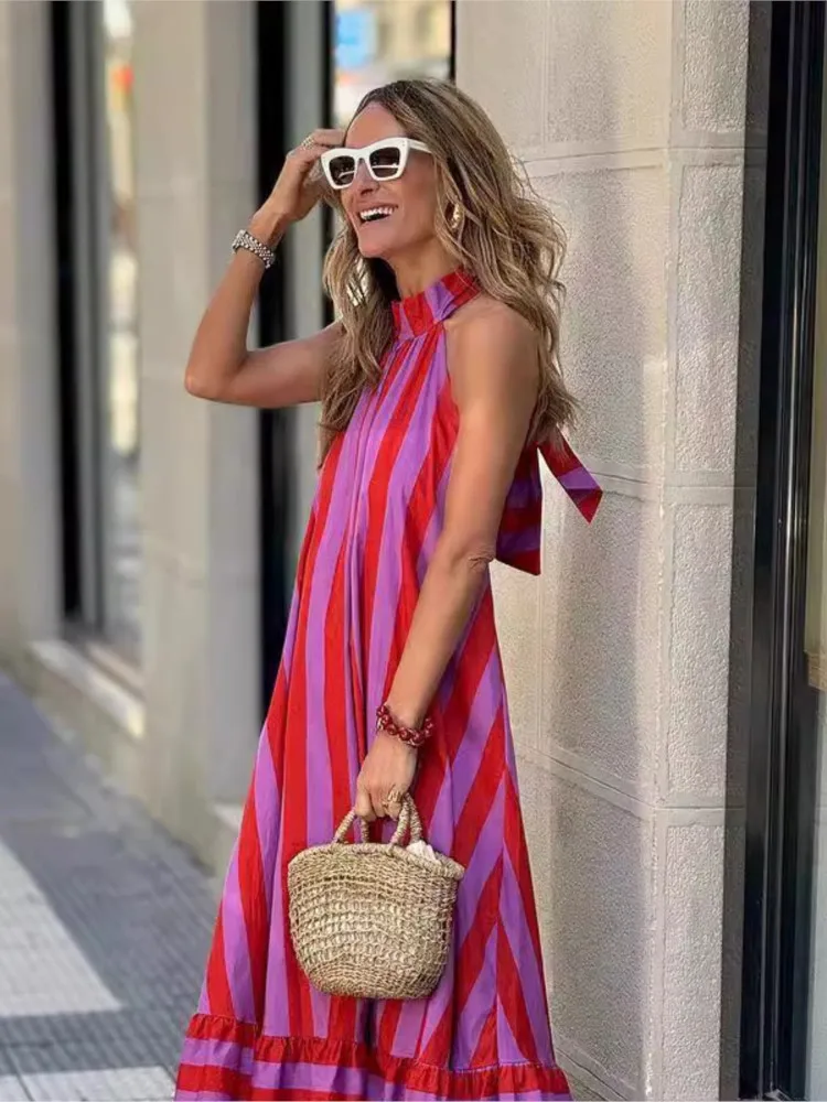 Striped Print Sleeveless Halter Neck Loose Vacation Mini Dress