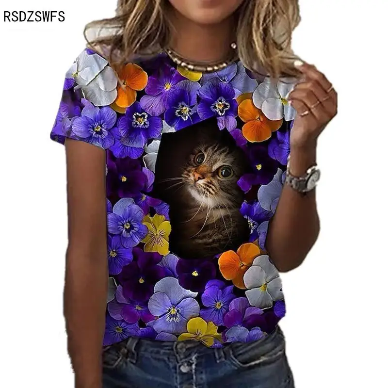 2022 new summer women's short-sleeved top starry sky cute cat 3D printing casual wear best t shirts for men