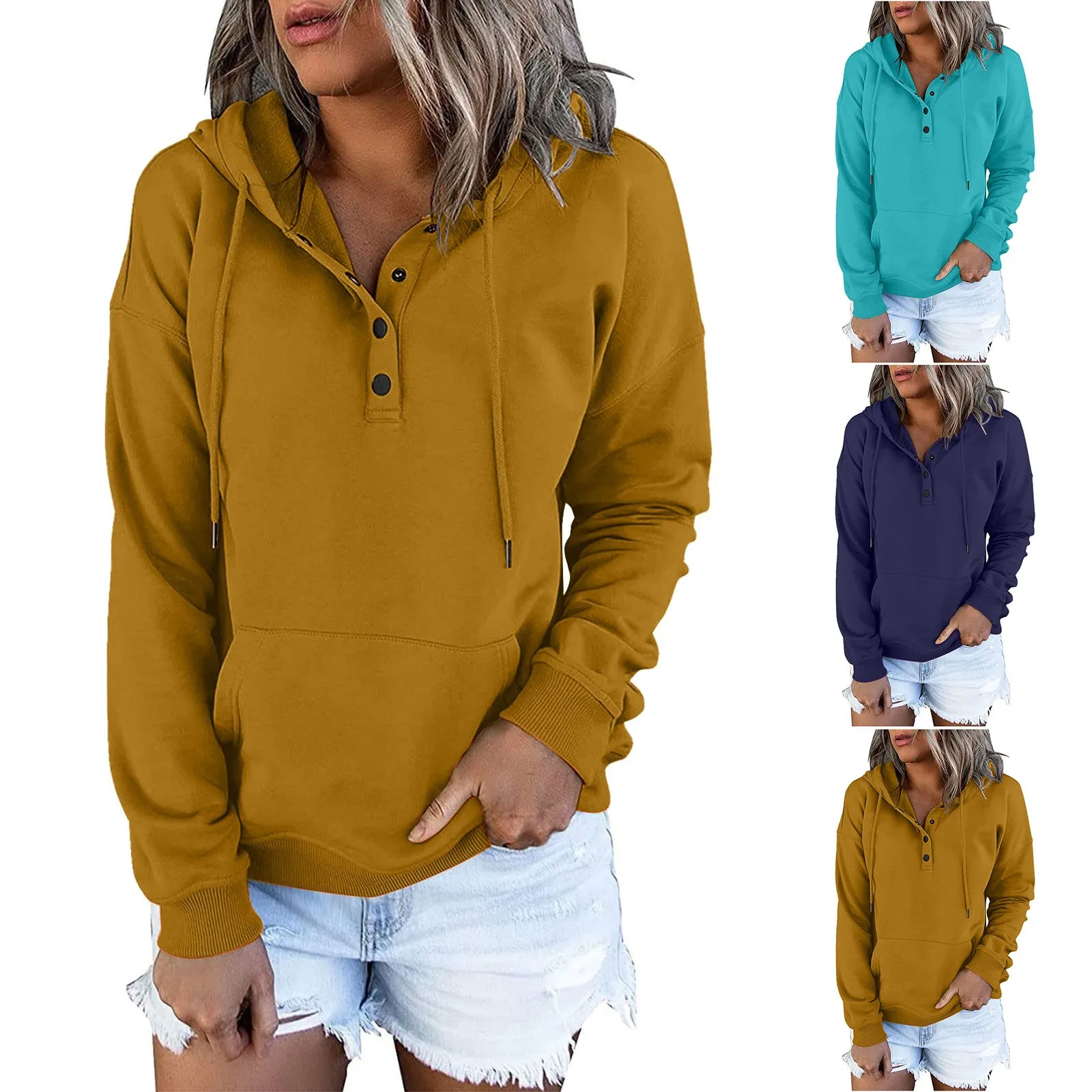 

Harajuku Button Hooded Drawstring Sweatshirts Pocket Casual Oversize Sweatshirts Winter Hoodies Zip Loose Sweatshirt Sports Coat
