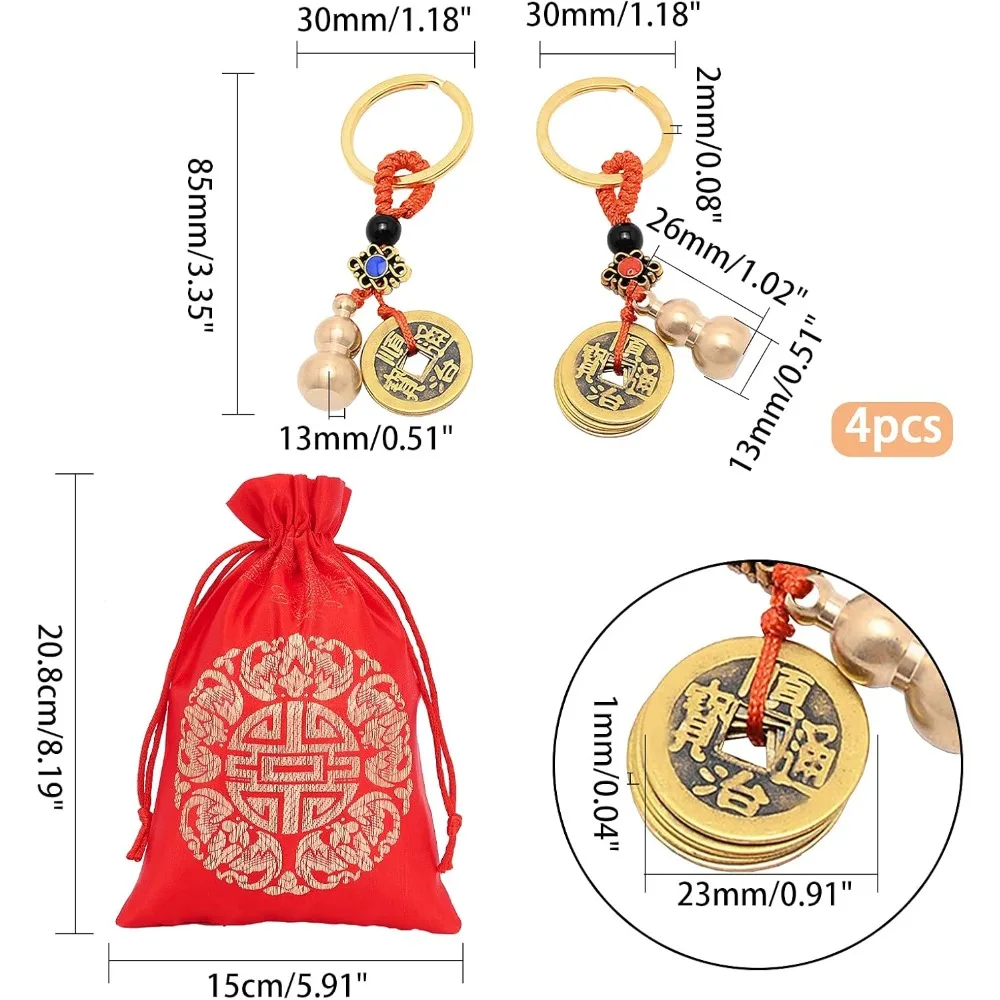 4 pcs Feng Shui Money Key Chains Wu Lou Gourd Keychains with Chinese ...