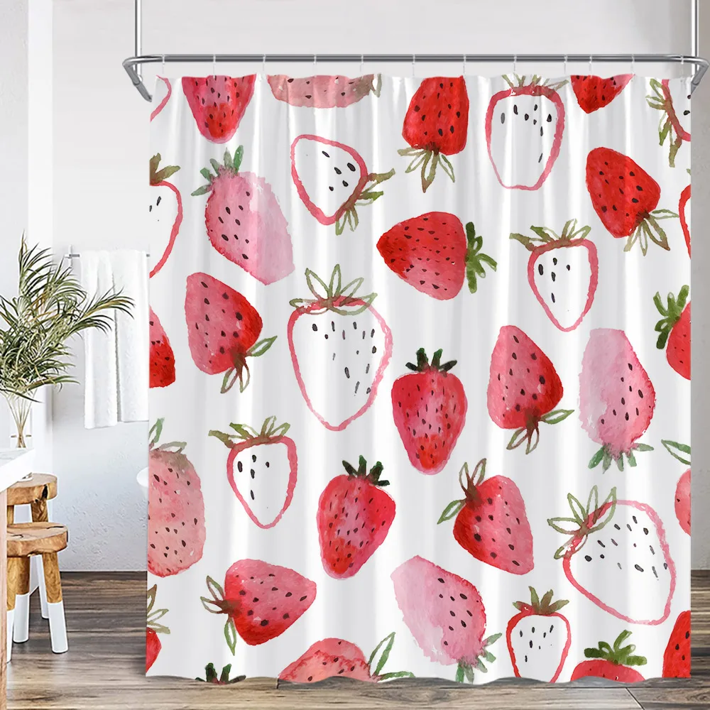 Strawberry Girl Pink Shower Curtain Bathroom Decor Fruit Summer Kids Bowknot Pattern Chic Modern Woman Polyester Bathtub Curtain 6