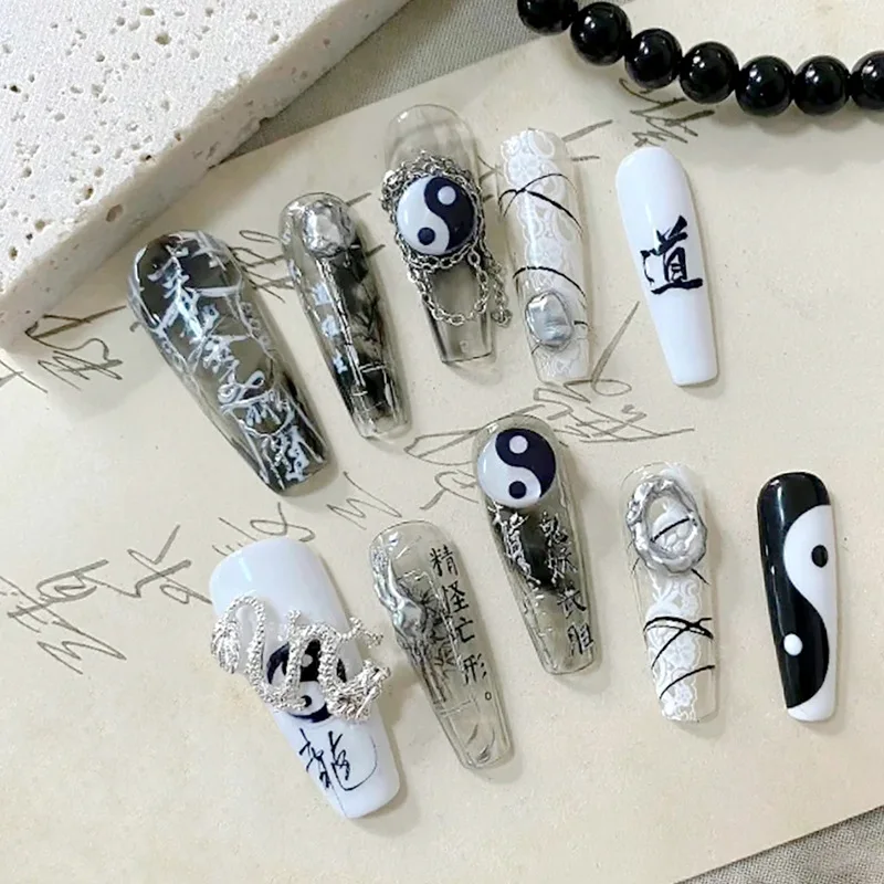 

50Pcs Yin Yang Tai Chi Nail Decoration Gossip Ins Personality Black and White Round Gossip Accessories 3D Nail Art Charms 8,10mm