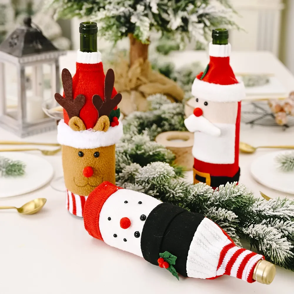 Christmas Wine Bottle Cover Set Santa Snowman Woven Wine Bottle Bags For Christmas Party Dinner Table Decorations New Year Gifts