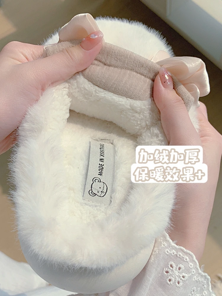 Bowknot Cotton Home Slippers For Women's Winter 2023 Korean Plush Indoor Plush Slipper Warm Indoor Household Shoes