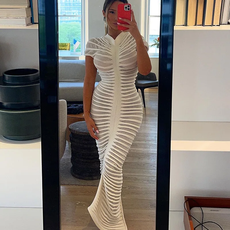 

New Sexy See Through Long Cardigan Short Sleeve Button Slim Dress Women Elegant Sexy Party Dress Club Clothes