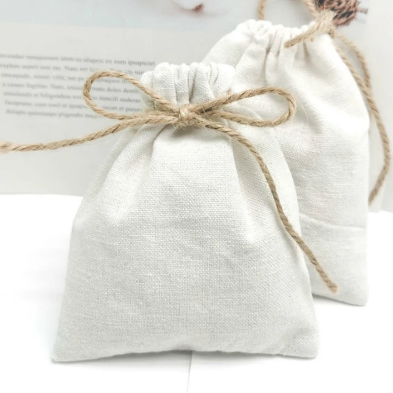 White Cotton Linen Drawstring Bags Ring Packing Wedding Christmas Gift Custom Logo Jewelry Sack Organizer Pouches Print Logo