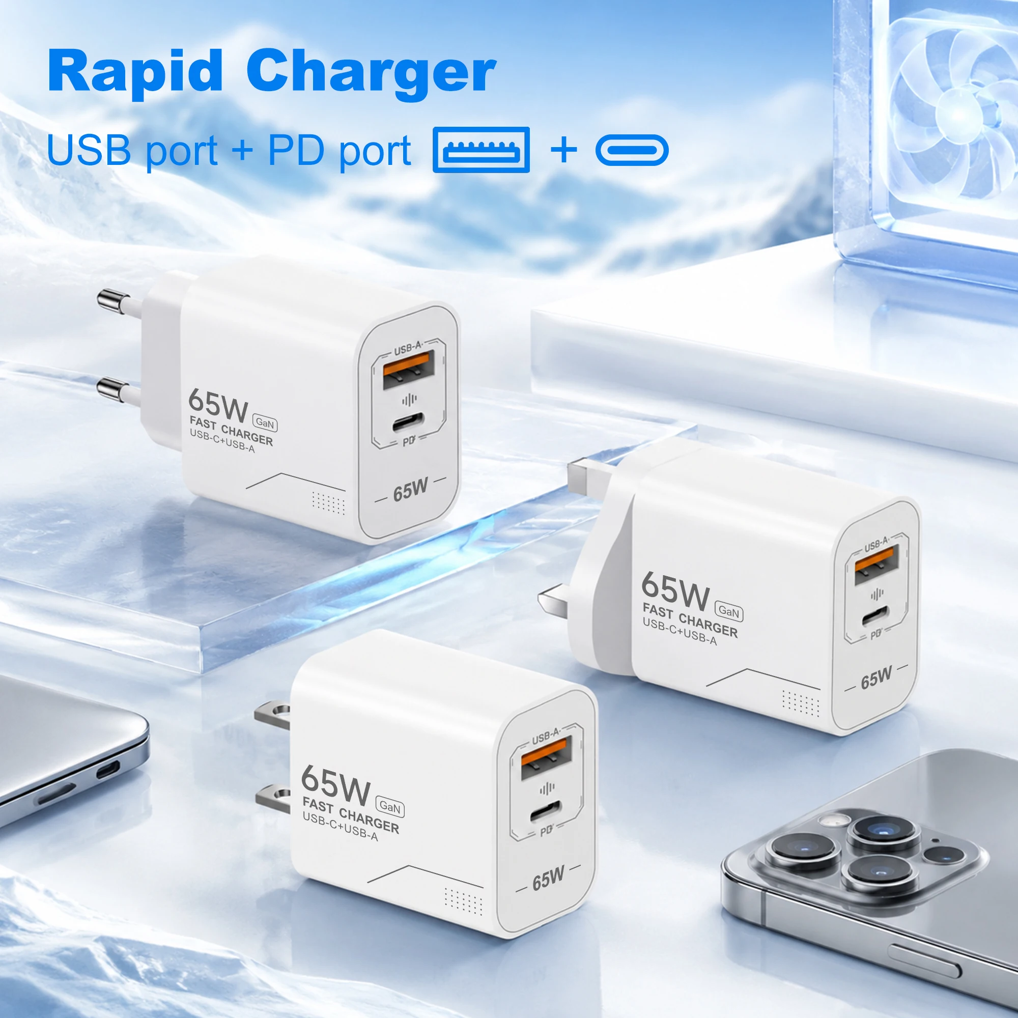 Caricatore USB C GaN da 65W a 2 porte, caricatore rapido per telefono, adattatore di alimentazione per iPhone, Samsung, Xiaomi, tipo C, con spina EU/US, caricatore da parete. - immagine 4
