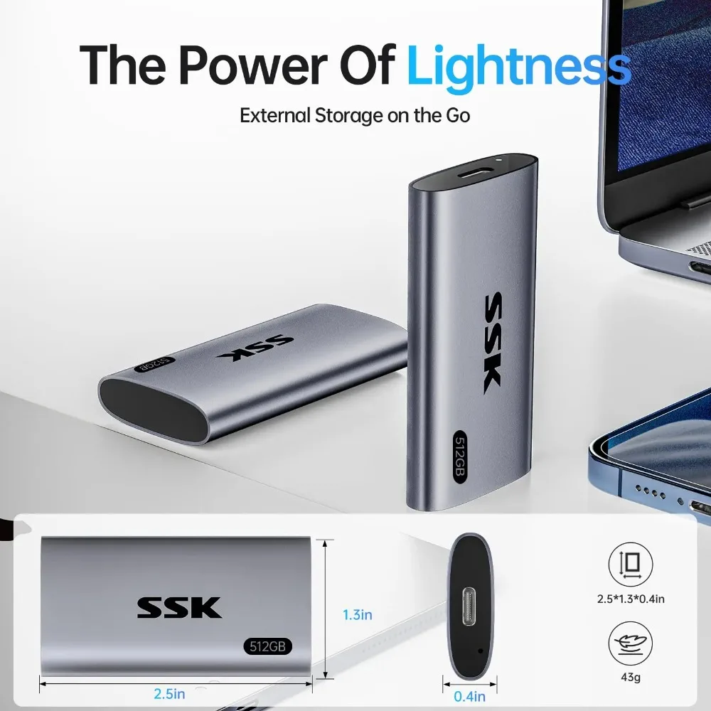 SSK 외장 하드 드라이브 휴대용 알루미늄 케이스 최대 550MB/s 고속 솔리드 스테이트 드라이브 USB 3.2 Gen2 SSD 아이폰 맥 노트북용