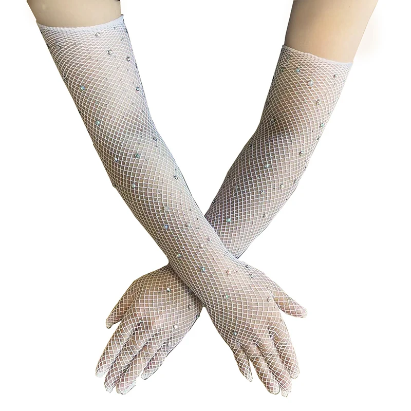 1 Paar Mesh-Vollfinger-Armstulpen, lange Handschuhe, sexy durchsichtige Diamant-Fischnetz-Handschuhe, Nachtclub, Bühnenauftritt, Zubehör – Detail 7