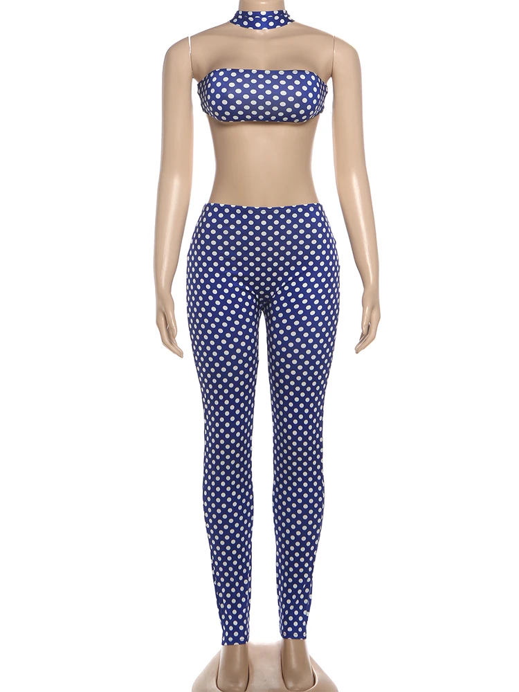 Nibber Hottie Women Dot Print 2 Piece Set Tracksuit Sexy Backless Halter Tank Tops+Leggings Matching Streetwear Stretch Outfits
