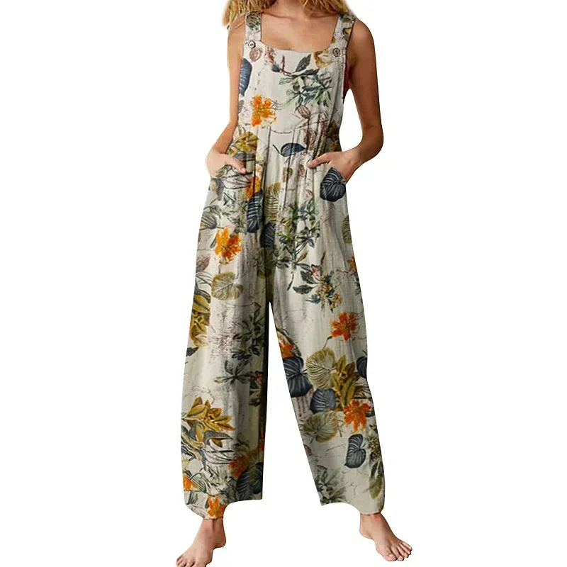 Women Rompers Hot Summer New Loose Linen Cotton Jumpsuit Sleeveless Backless Leaf Floral Print Square Neck Playsuits Overalls