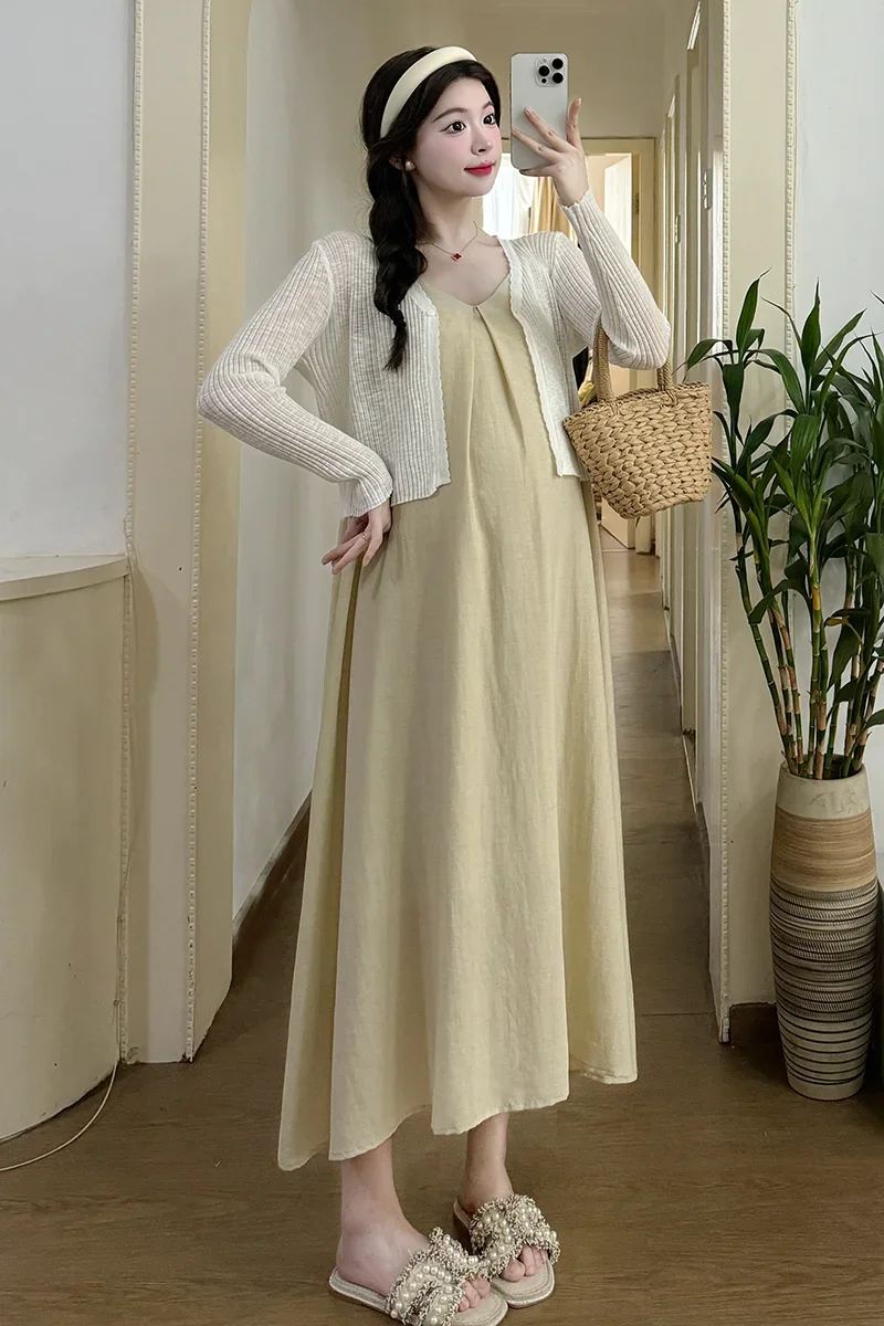 Spring Fashion Maternity Dress Suits Long Sleeve Knitted Cardigans Strap Dress Twinset Plus Size Pregnant Woman Clothes Set