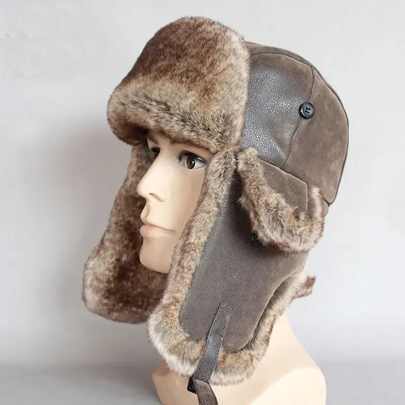 Adult Bomber Hats Winter Men Warm Windproof Russian Ushanka Hat With Ear Flap Pu Leather Fur Man Male Trapper Cap Earflap - 4