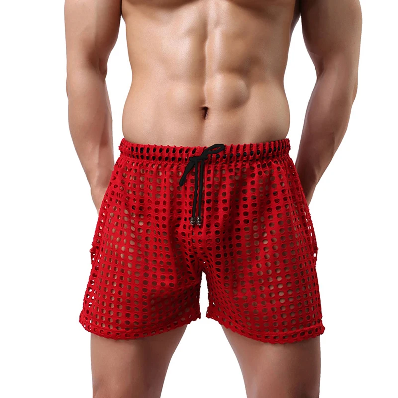 Men's Swimming Trunks Fishnet Casual Shorts Summer Swim Briefs Solid Color Mesh Drawstring Loose Lounge Shorts Swim