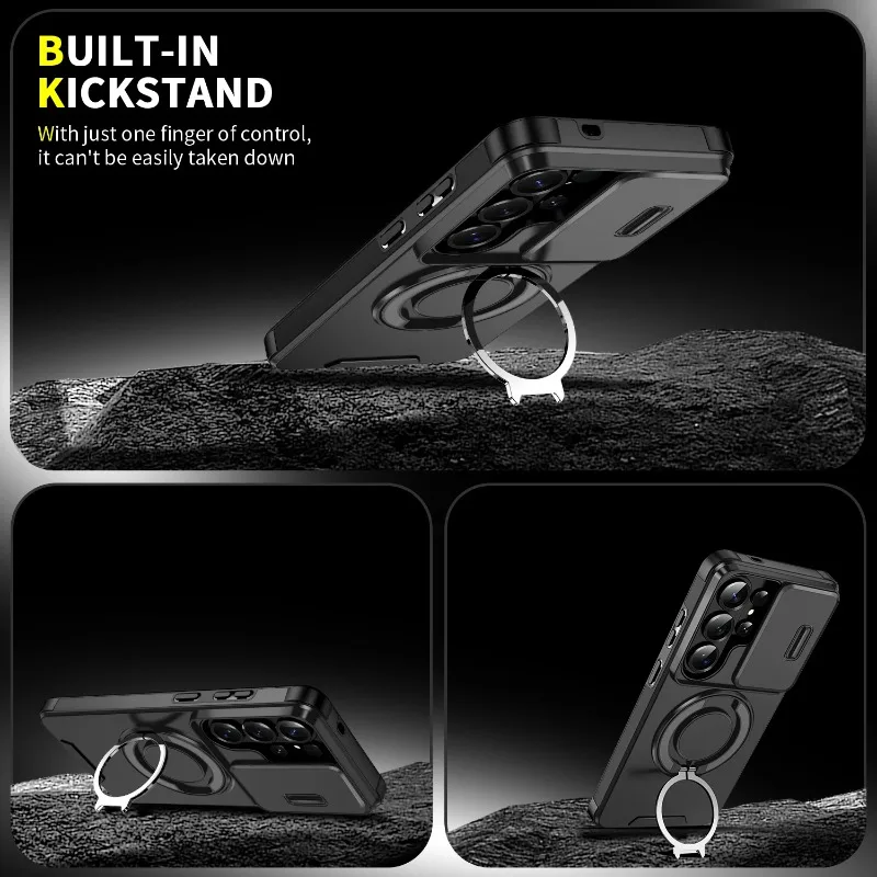 Magnetic Ring Stand Phone Case with Slide Camera Lens Cover and Fall Protection Frame