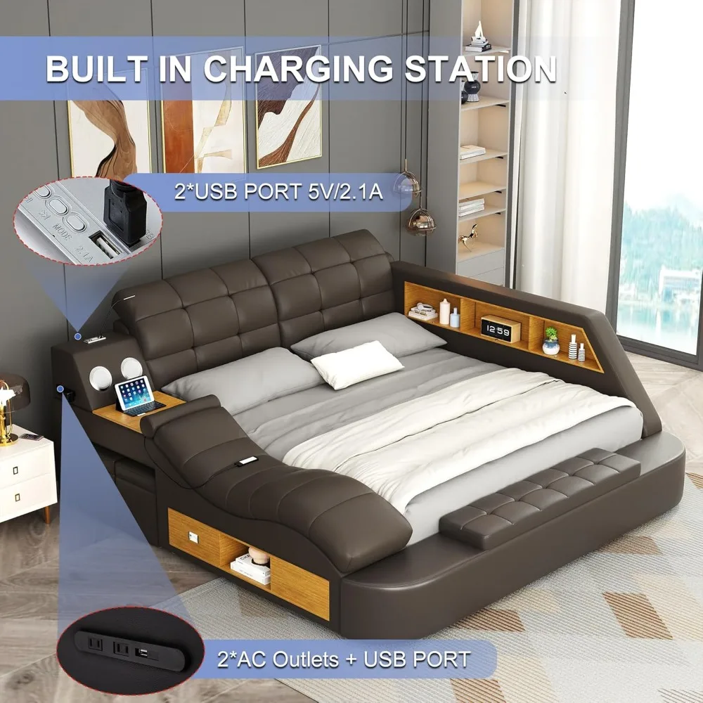 Luxury Smart King Bed Frame, Multifunction Bed Frame Upholstered Platform with Massage Recliner/Bluetooth Speaker/USB Charging 4