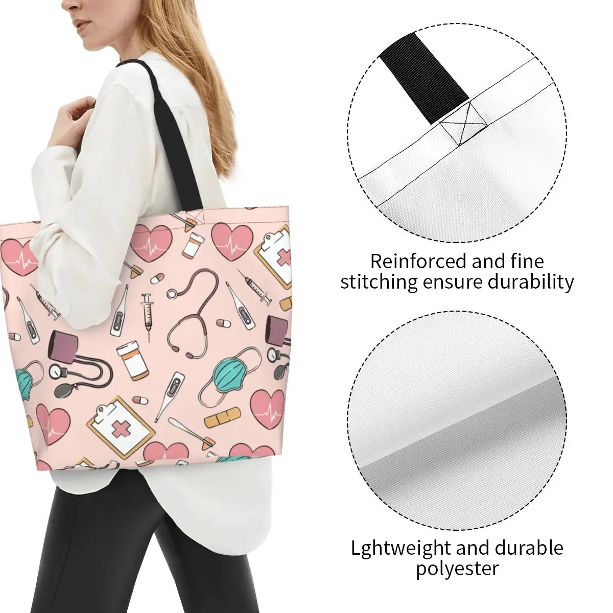 Reusable Funny Nurse Shopping Bag Women Shoulder Canvas Tote Bag Portable Nursing Grocery Shopper Bags