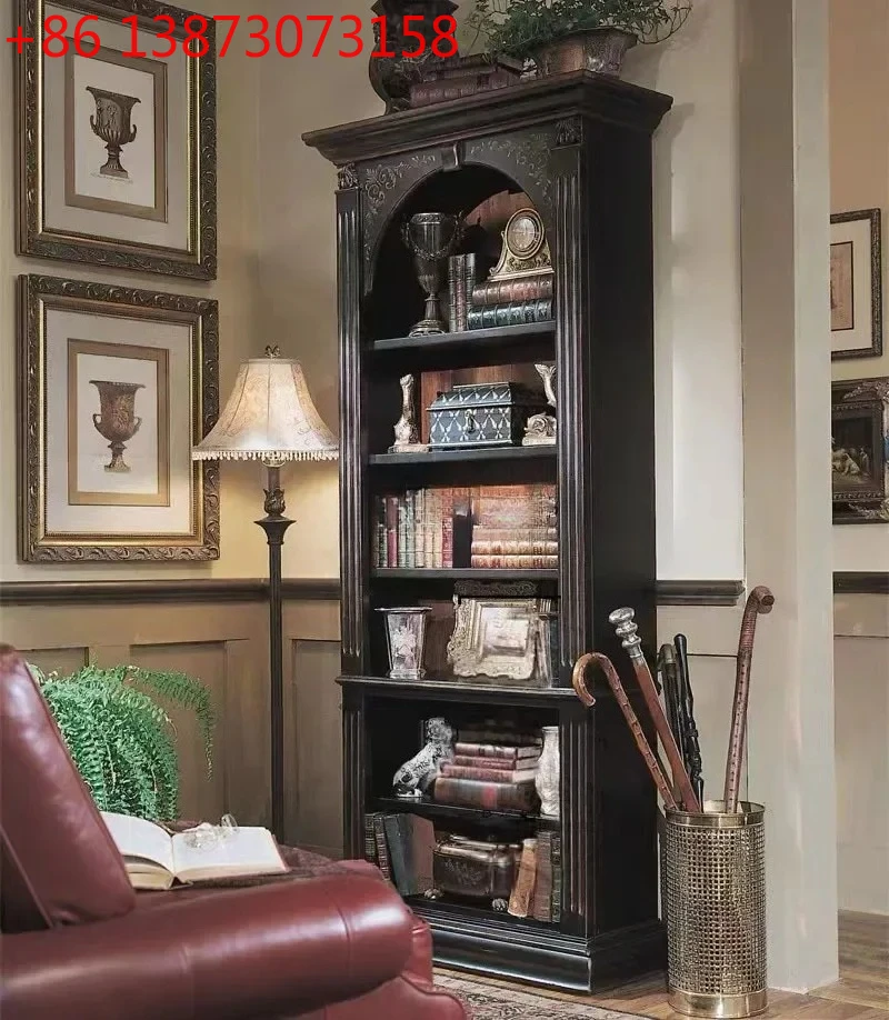 American-Style Solid Wood Bookcase Ash Vintage Distressed Carved Living ...