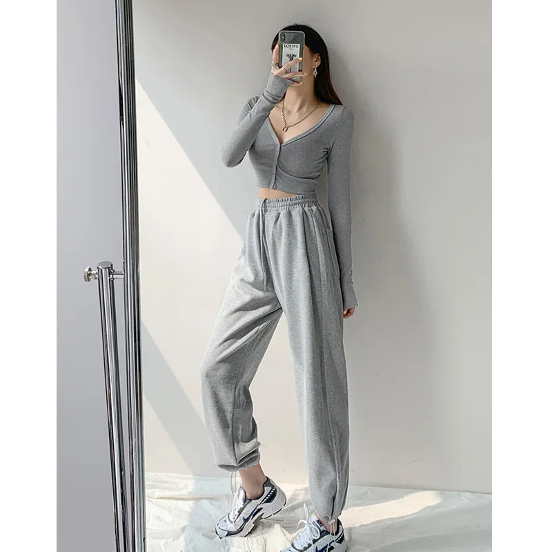 Fall Winter Plus Velvet Gray High Waist Straight-leg Pants Y2k Trouser Women's Loose Sports Pants Casual Solid Leggings Pants
