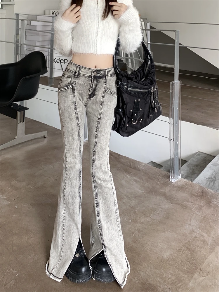 

Women's Grey Split Micro Flared Jeans Street Casual Flash Bell-bottom Denim Trousers Female High Waist Straight Cowboy Pants