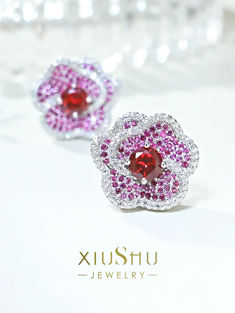 New Flower Earrings 925 Sterling Silver Inlaid with Red Treasure Earrings, Elegant and Elegant Wedding Jewelry for Women
