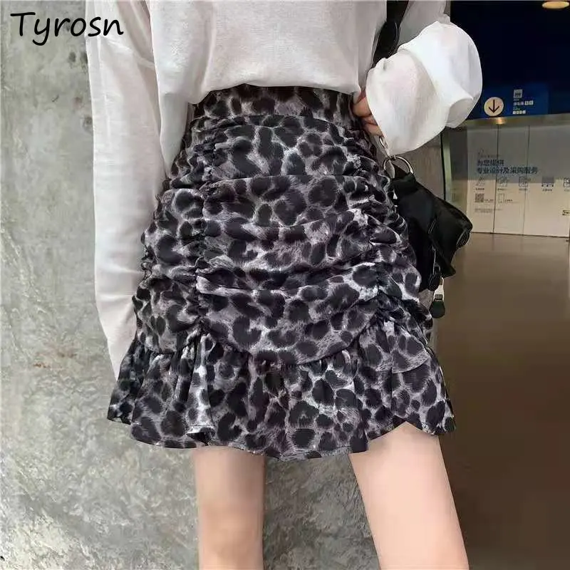 

S-4XL Skirts Women Leopard Retro Folds Design Sexy Elegant Mini Faldas Korean Style Summer Ladies New Stylish Leisure All-match