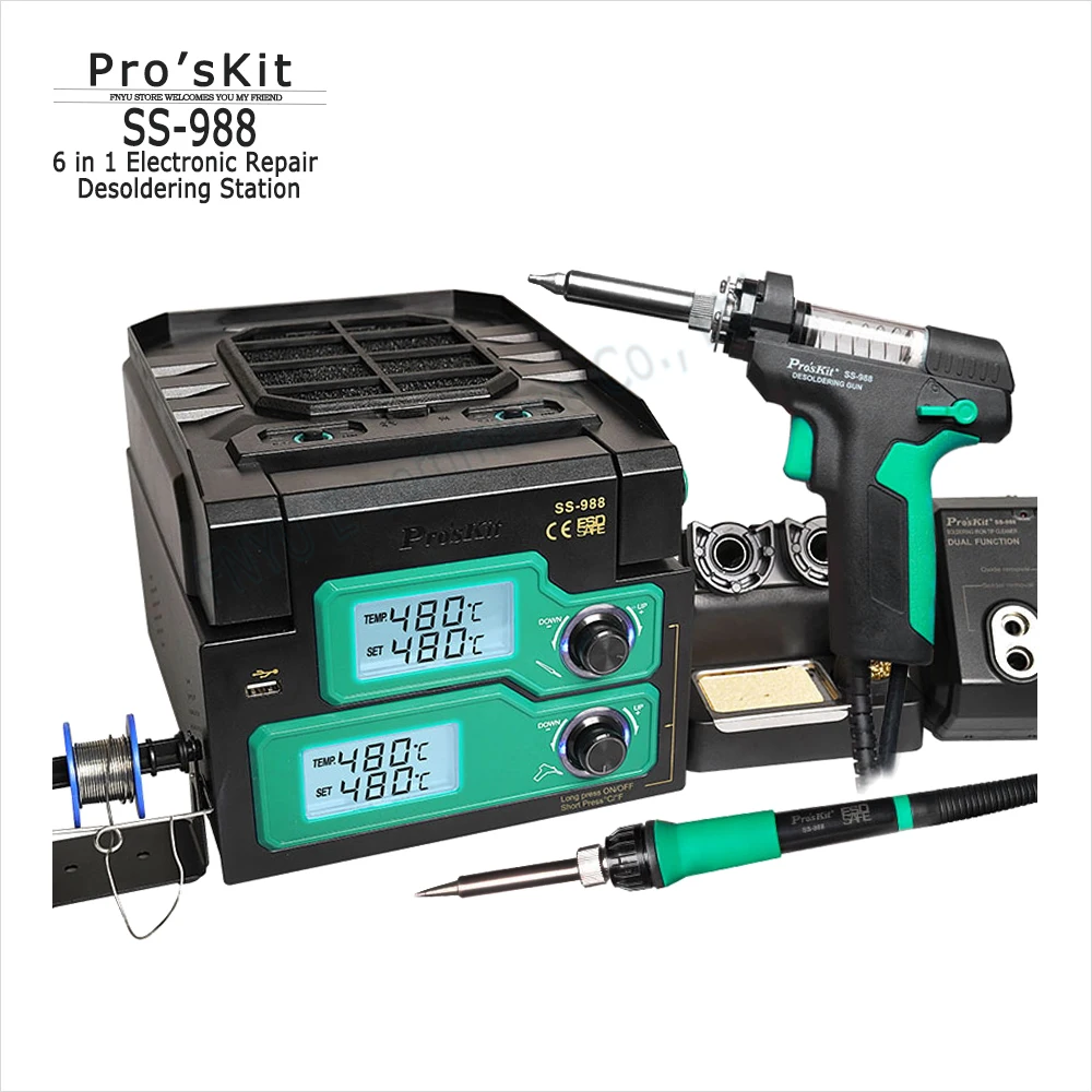 

Welding Special Tool Set Pro'sKit SS-988 6In1 Soldering Iron Suction Gun Desoldering Group LCD Double Digital ESD Repair Station